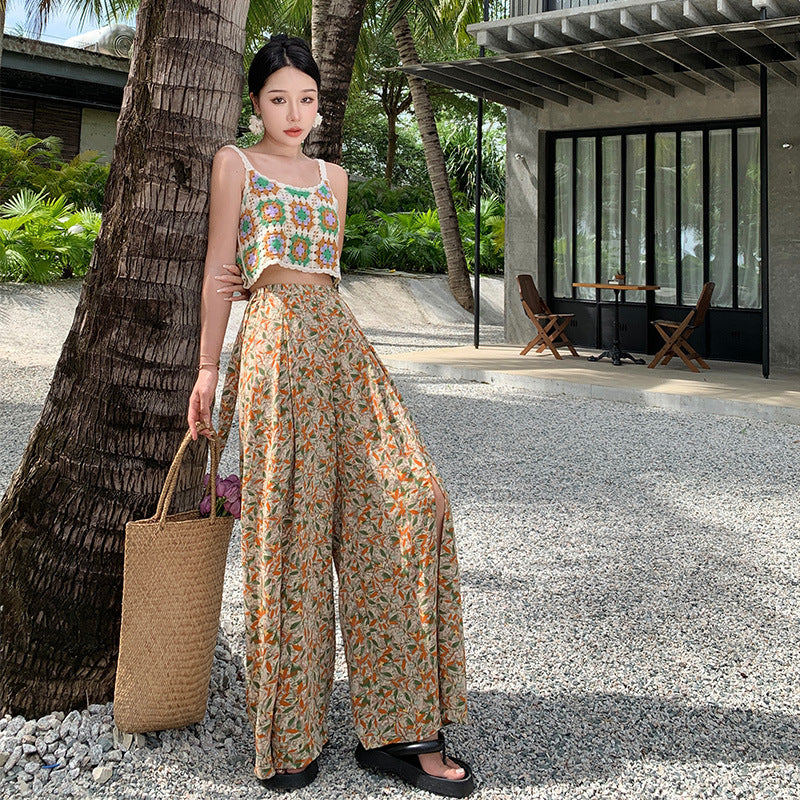 2025 Bohemian wide-leg pants women's Sanya seaside vacation floral beach pants high-waisted split-ended drape floor pants