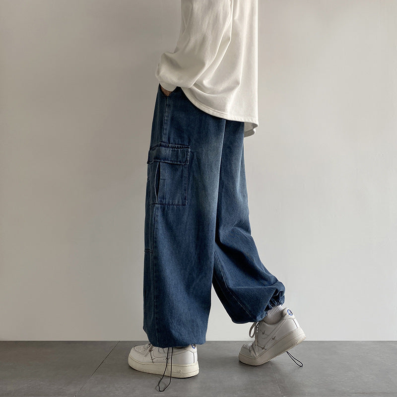 maoxiangshop-shop summer outfits men 2024 Washed Jeans Men's Spring and Autumn Retro Loose Wide-Leg Ruffle Handsome Straight High Street Overalls Pants