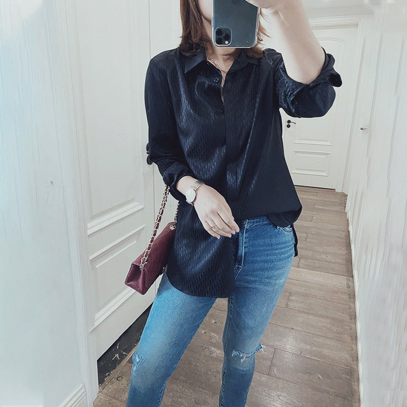 2025 Heavy silk satin high-end letter jacquard temperament mulberry silk shirt summer Hangzhou silk women's clothing
