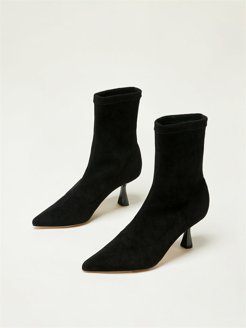 2025 Lawn mower minimalist pointed elastic boots short boots women's boots thin boots high heel boots super thin