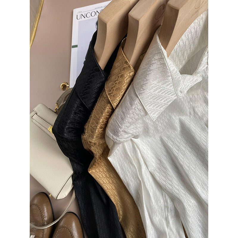 2025 Heavy silk satin high-end letter jacquard temperament mulberry silk shirt summer Hangzhou silk women's clothing
