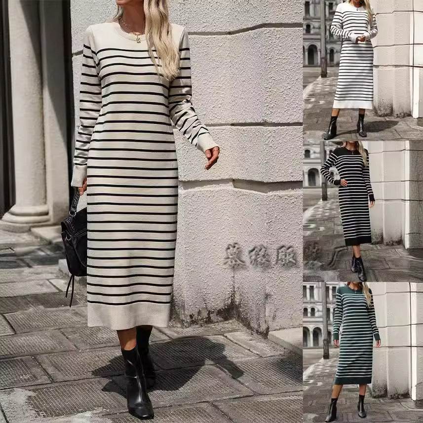 MAOXIANGSHOP New winter 's new slim-fit intercolor women's knitted sweater striped long dress fashionable autumn and winter dress
