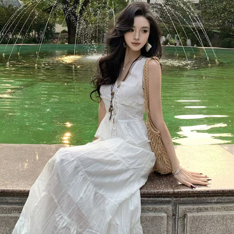Thailand island travel photo vacation wind lace lace tank top cake long dress pure desire babes show thin two-piece set