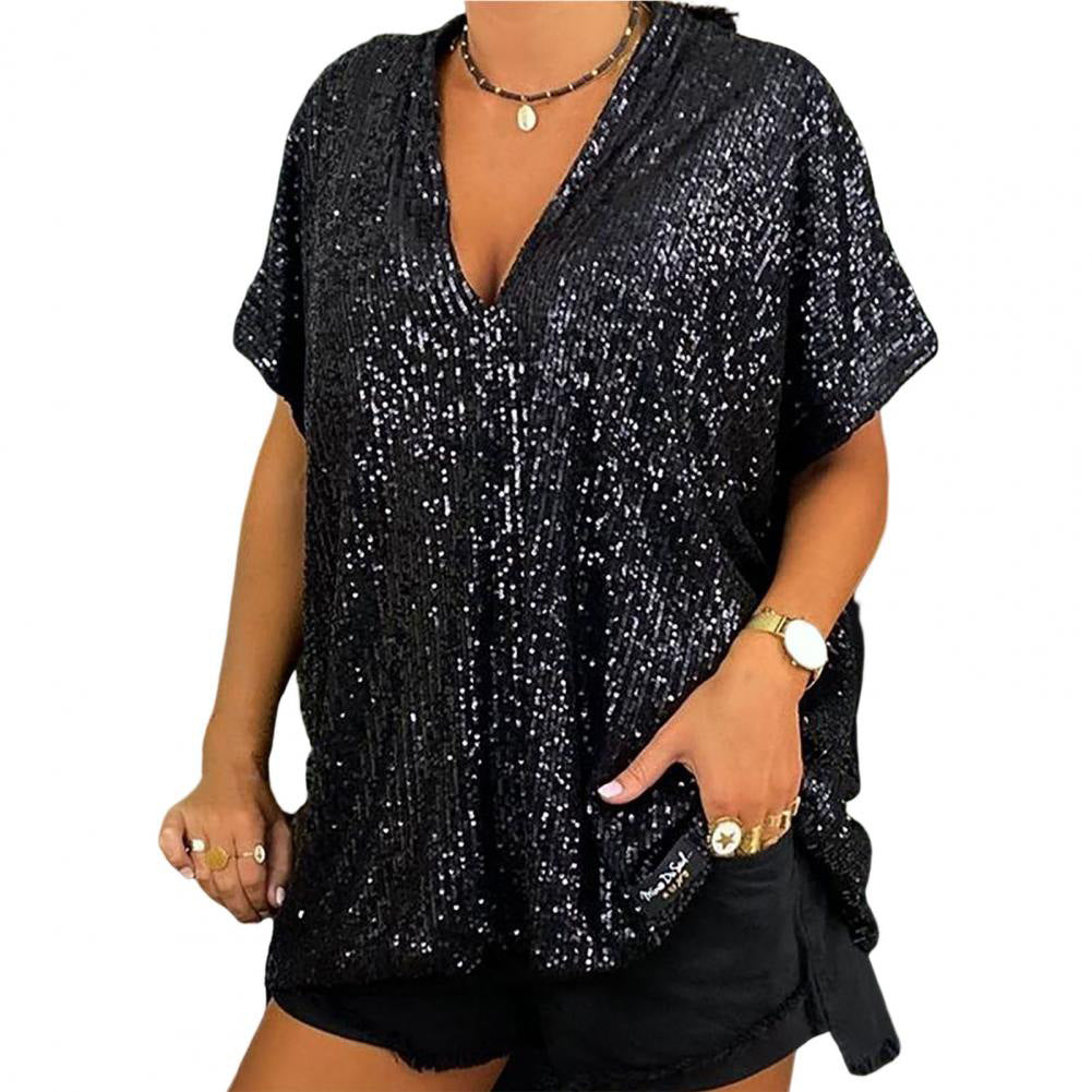MAOXIANGSHOP 2023 2025 new independent station 2025 new loose sequin V-neck short-sleeved casual sequin deep V shirt