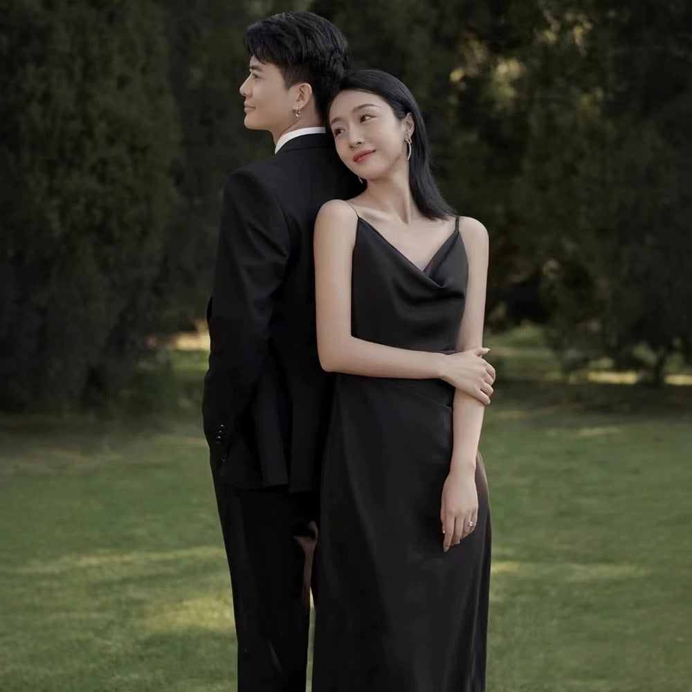 2025 Black light wedding dress, small dress, suspender robe, going out yarn new travel photography dress, the same clothing in the studio