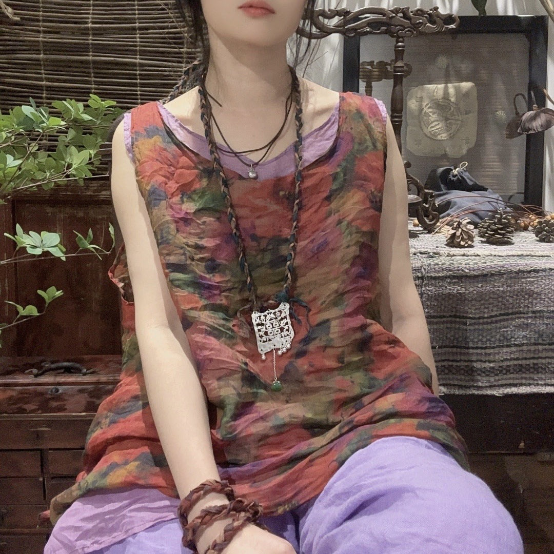 2025 24/4 SN51 Duoduo, literary and casual printing versatile sleeveless retro ramie vest sling