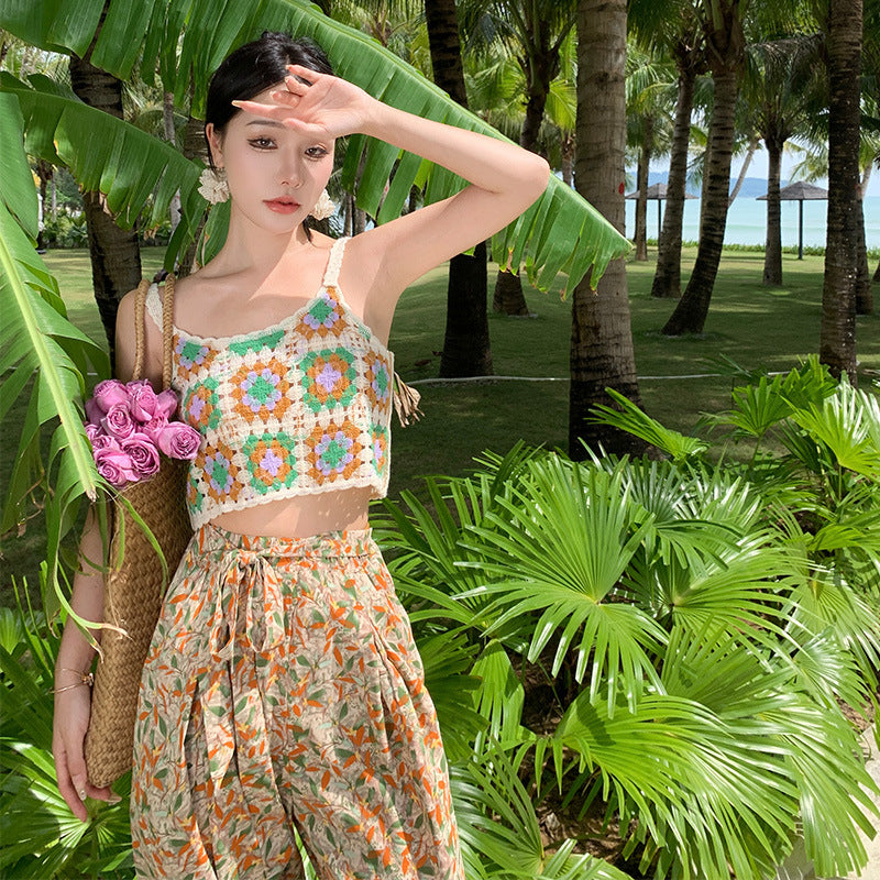 2025 Bohemian wide-leg pants women's Sanya seaside vacation floral beach pants high-waisted split-ended drape floor pants