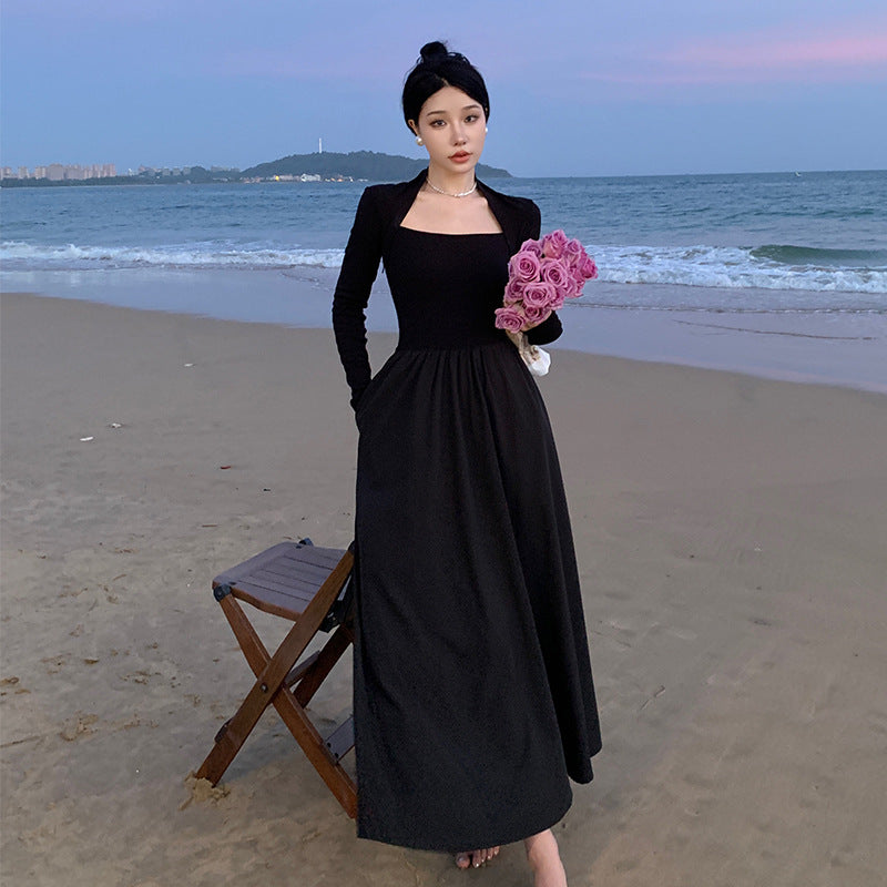 2025 Black square neck long-sleeved knitted dress spring and autumn new women's design sense niche thin skirt long dress