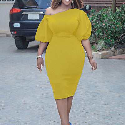 2025 D218 2025 women's clothing popular summer new solid color slanted shoulder bubble sleeves OL temperament Tongle large size New dress