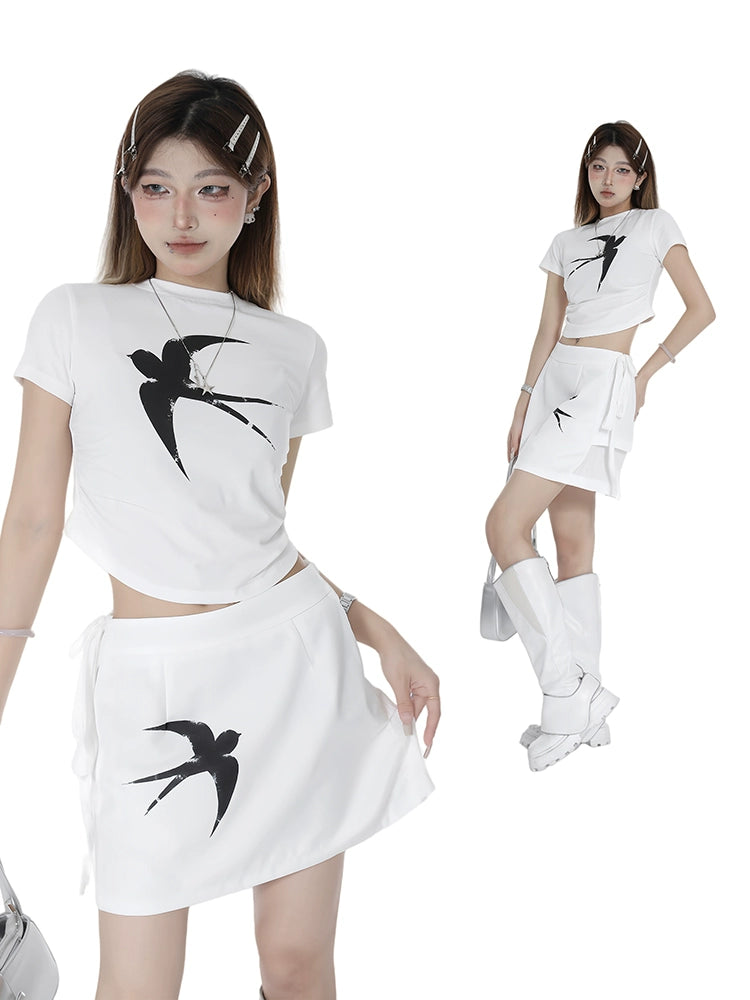 's homemade swallow print suit women's popular summer new design sense trendy fashion top a-word skirt