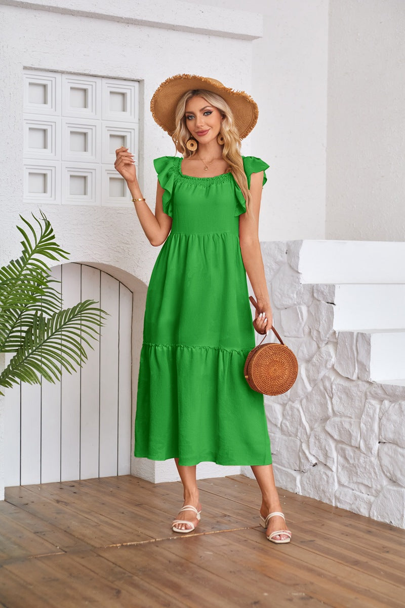 maoxiangshop Women's Clothing Flying Sleeve Square Neck Off-shoulder Pleated Hem Dress