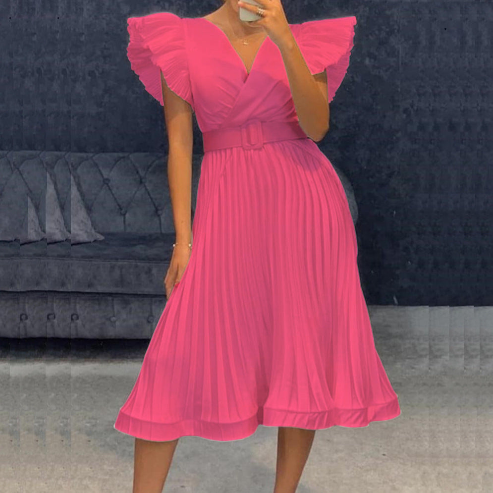2025 D215 free belt 2025 new summer V-neck waist pleated temperament commuting Popular trade large size New dress
