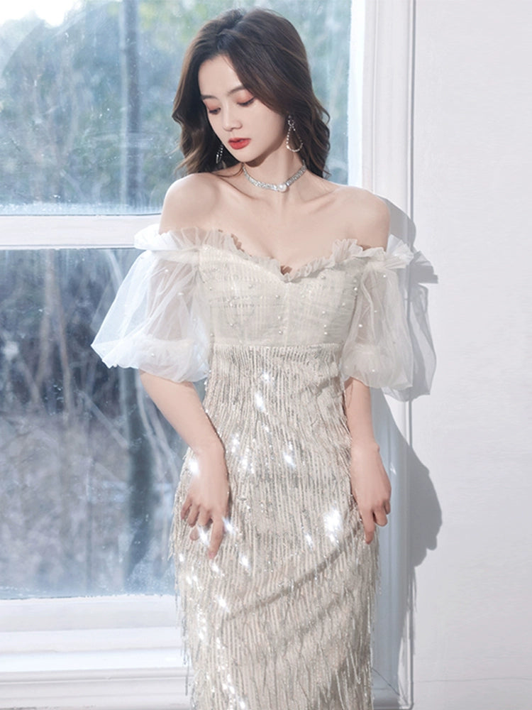 One-word shoulder champagne evening dress dress women new birthday party small people can usually wear host autumn