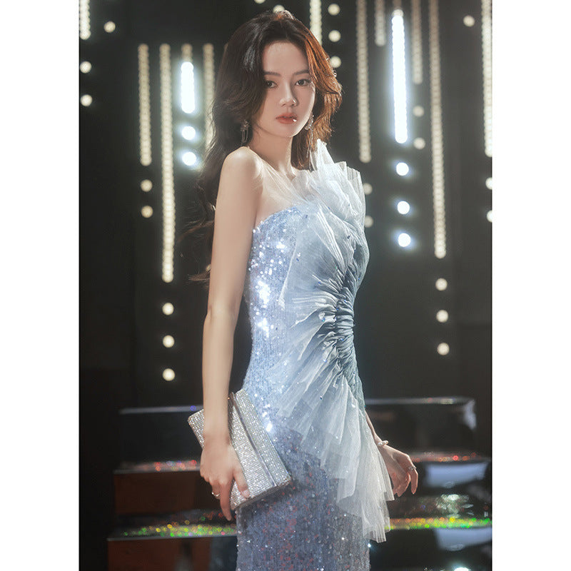 Banquet evening dress women's 2025 new elegant temperament annual meeting host tube top fishtail catwalk performance dress