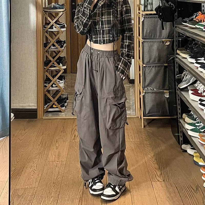 maoxiangshop-shop tomboy outfit Spring Drawstring Ankle-Tied Men's Japanese Retro Loose Large Pocket Straight Overalls Wide Leg Pants Simple All-Match