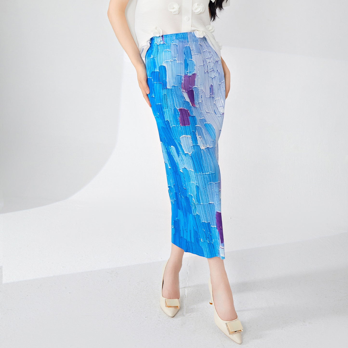 High sense of gradual change pleated skirt temperament elegant high waist hip wrap medium and long design sense after split step skirt