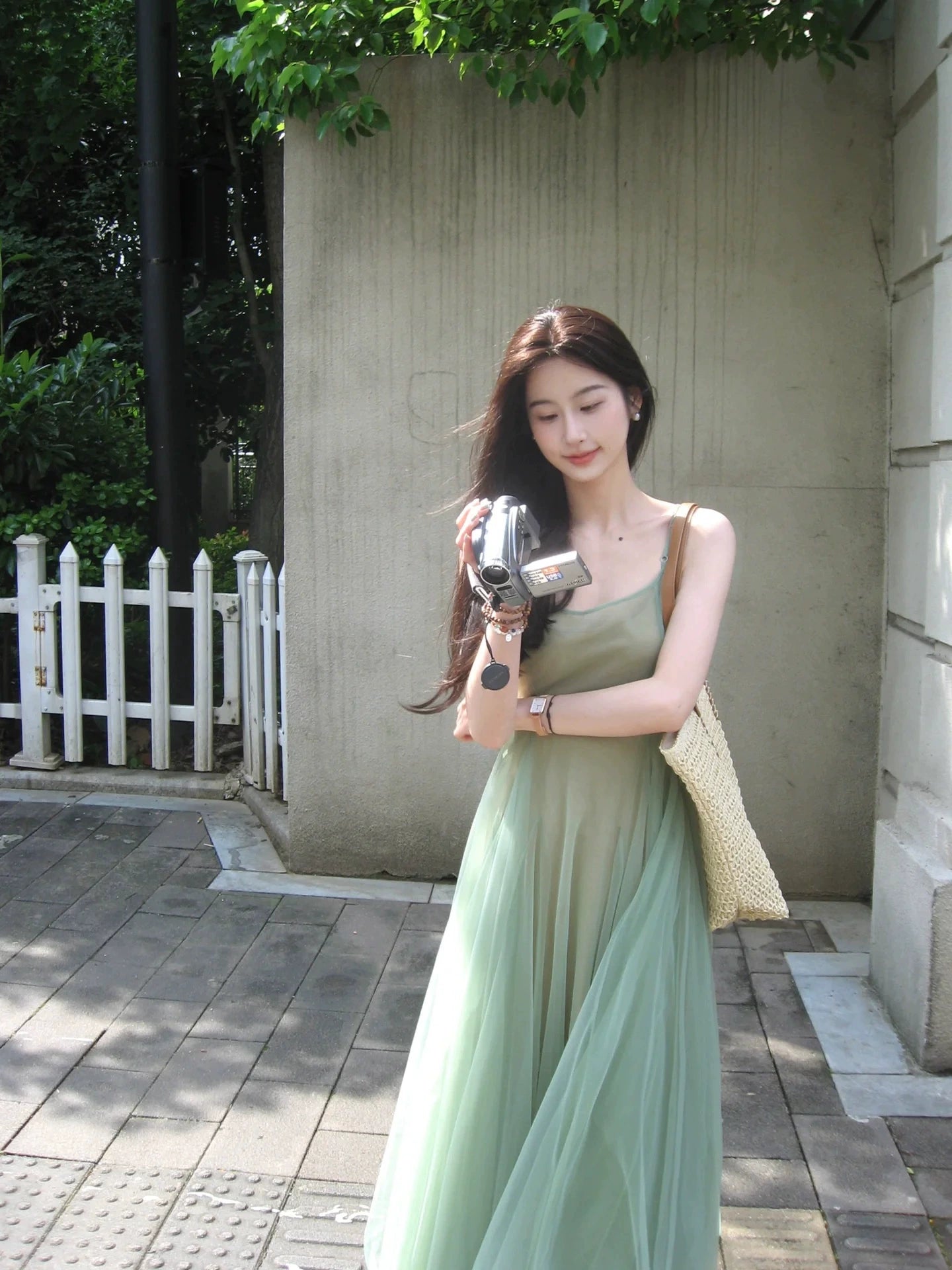 Two-piece art raw green slim-fit suspender dress women's high-end waist fairy banquet dress long dress