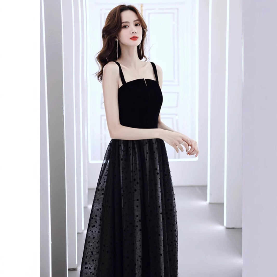 2025 Host evening dress new black temperament high-end light luxury niche birthday party long art test skirt woman