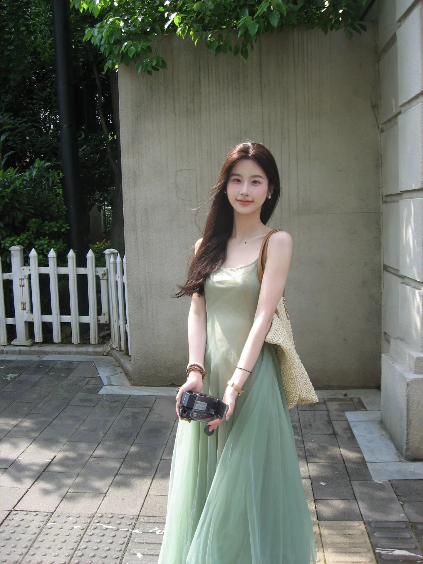 Two-piece art raw green slim-fit suspender dress women's high-end waist fairy banquet dress long dress