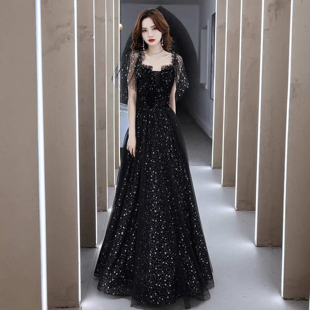 2025 Black adult birthday party evening dress female high-end light luxury niche advanced sense art test performance host