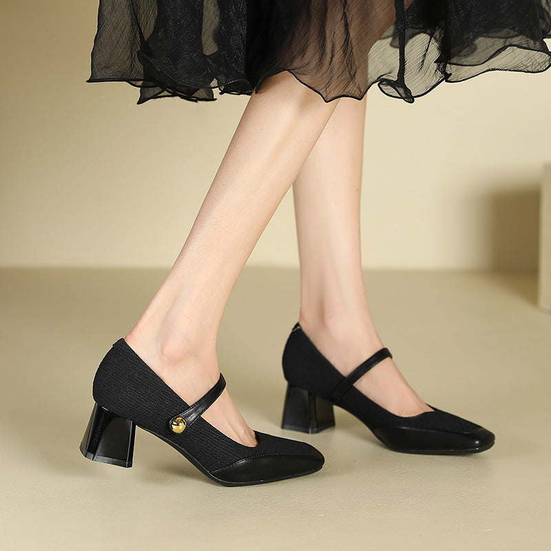 2025 5299-A2 one-word square head thick heel single shoes women's autumn 2025 new shallow middle heel professional commuter work women's shoes