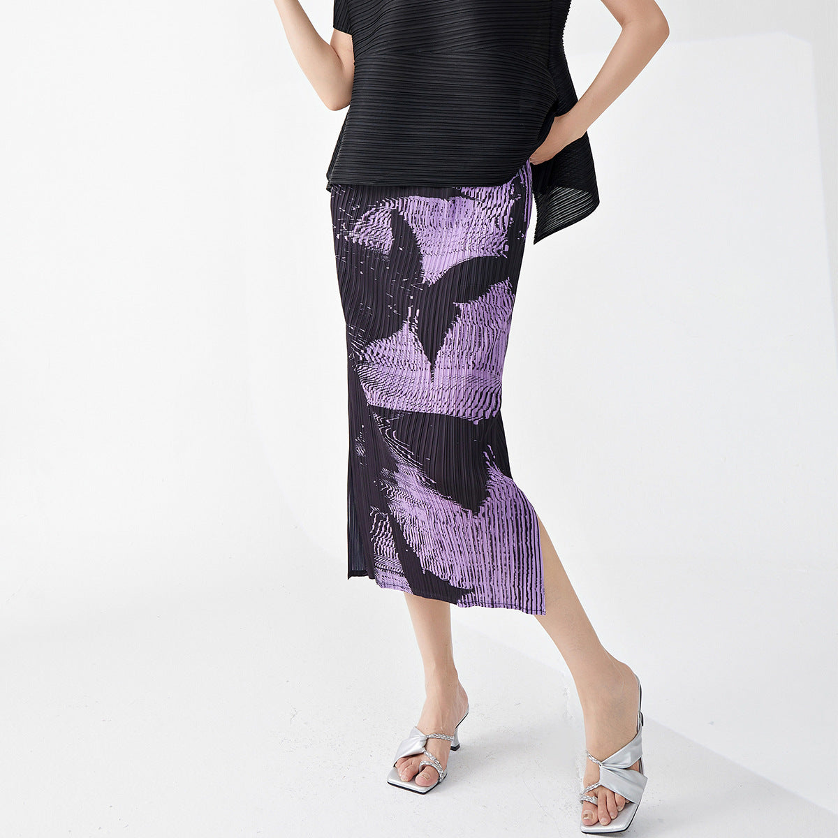 high-quality pleated skirt, high-end medium and long split summer women's one-step hip skirt, slit skirt