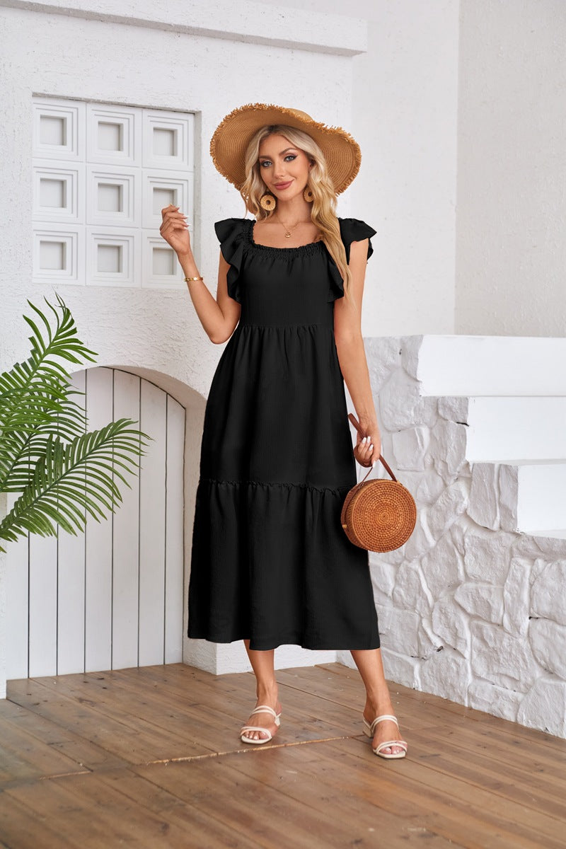 maoxiangshop Women's Clothing Flying Sleeve Square Neck Off-shoulder Pleated Hem Dress