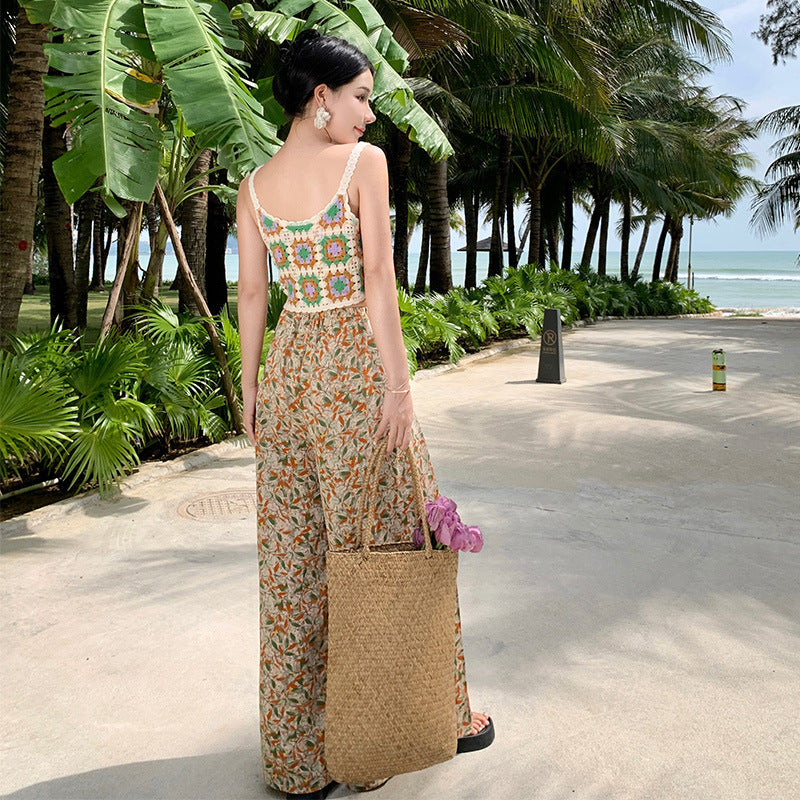 2025 Bohemian wide-leg pants women's Sanya seaside vacation floral beach pants high-waisted split-ended drape floor pants