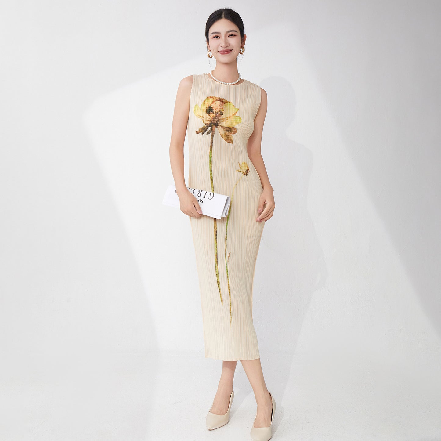 counter quality dress women's summer high-end temperament printing simple and versatile one-step straight medium and long skirt