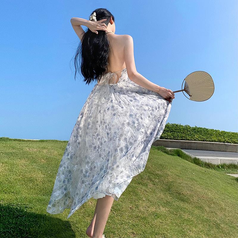 2025 pure desire big halter neck holiday dress women's summer high-end neck print suspender chiffon dress