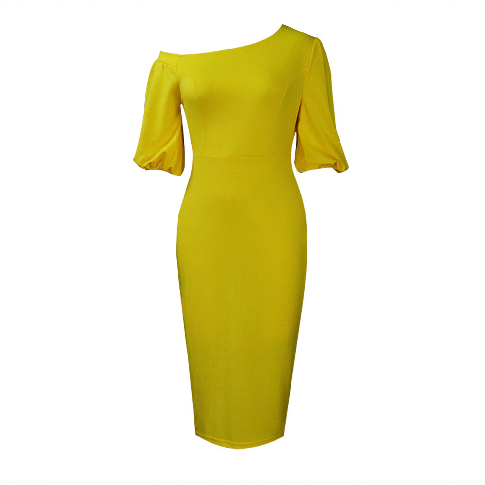 2025 D218 2025 women's clothing popular summer new solid color slanted shoulder bubble sleeves OL temperament Tongle large size New dress
