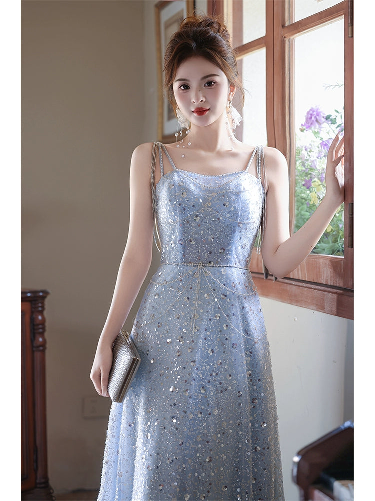suspender evening dress women's new high-end sequins banquet elegant dress high-end light luxury niche