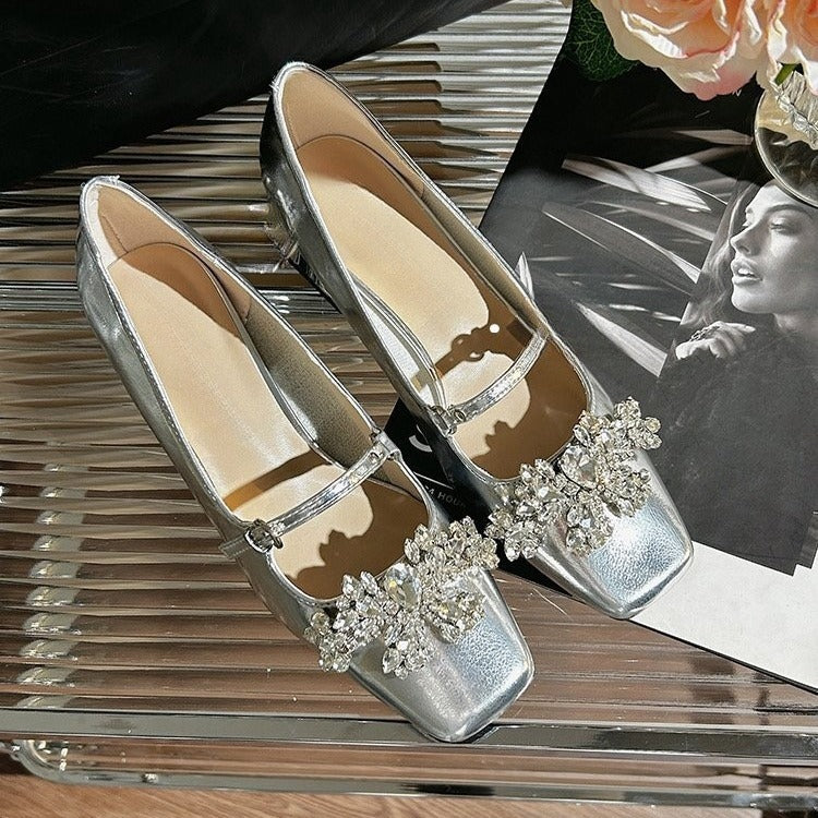 2025 rhinestone premium sense one word with Mary Jane shoes women's square head thick heel medium heel light mouth single shoes