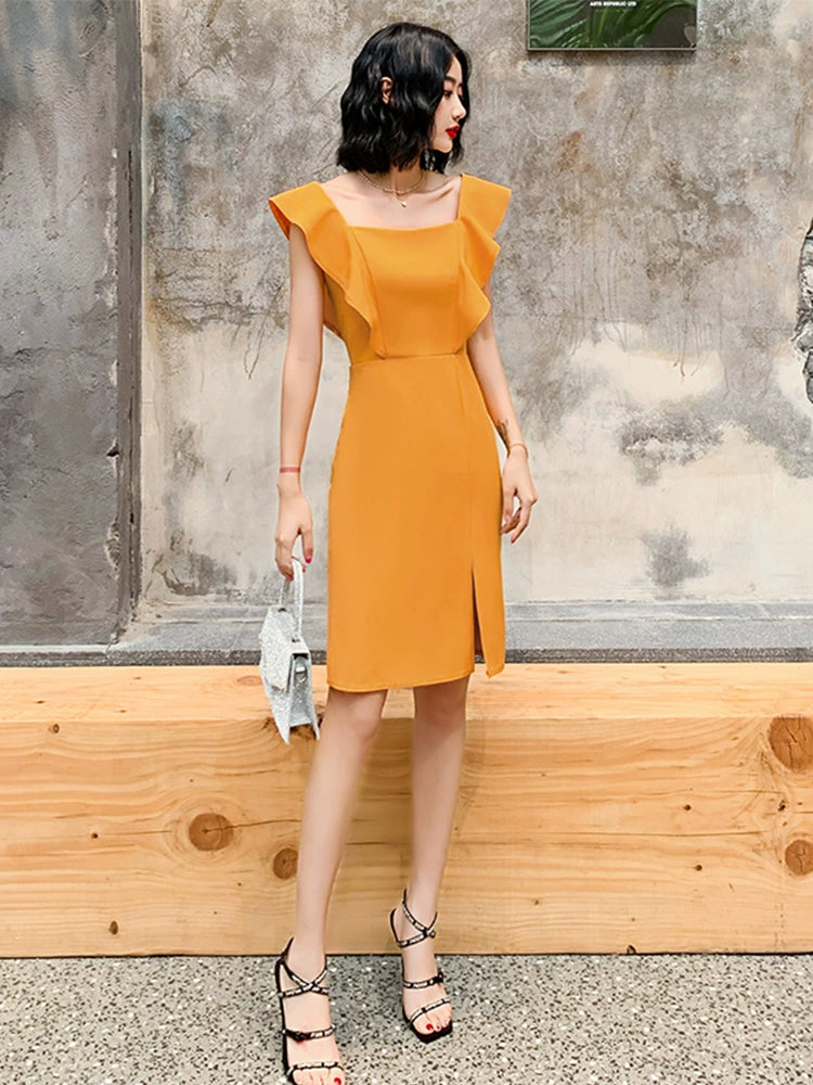 Small yellow evening dress, female banquet temperament, short dress, party small host can usually wear high-end sense