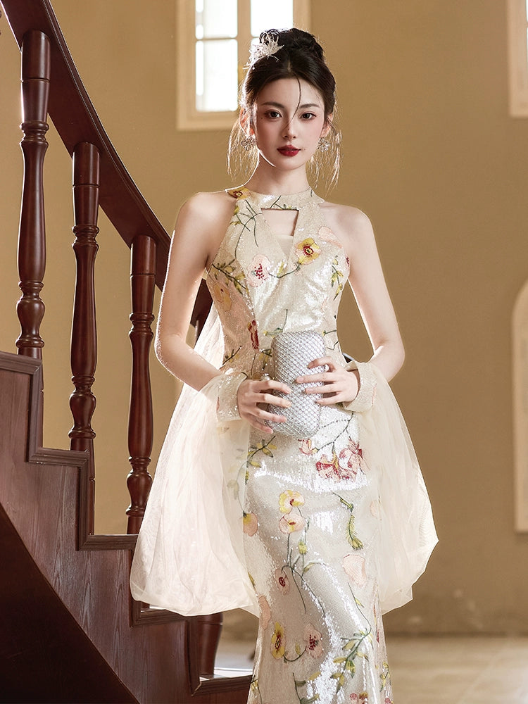 Fishtail flower evening dress women's new high-end engagement toast dress high-end light luxury niche slim