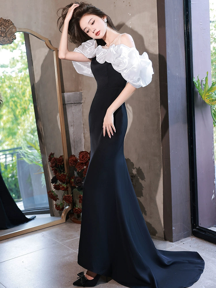 Evening dress women's banquet temperament can usually wear black high-end light luxury niche celebrity one-word shoulder trailing dress