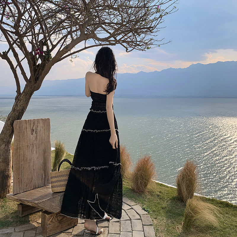 Holiday style wear suit Spice girl halter short neck vest women's summer high waist skirt black two-piece set