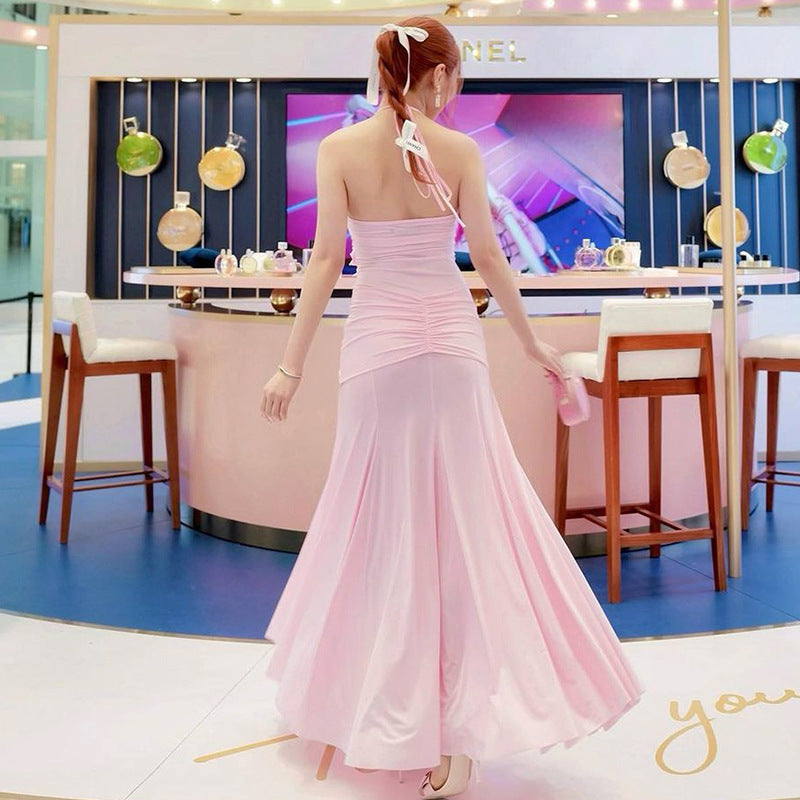 women's clothing summer new solid color slim high waist fashion halter neck sexy backless dress female