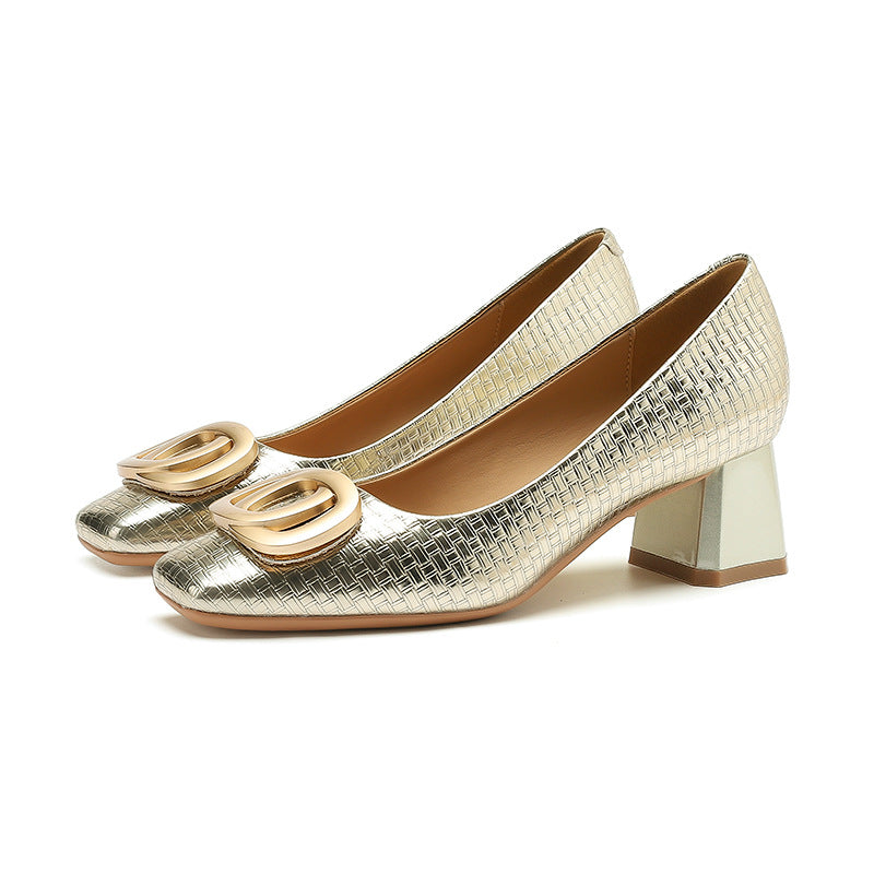 2025 5299-A5 Sexy sequined square head thick heel single shoes women's 2025 autumn new light mouth middle heel work single shoes women