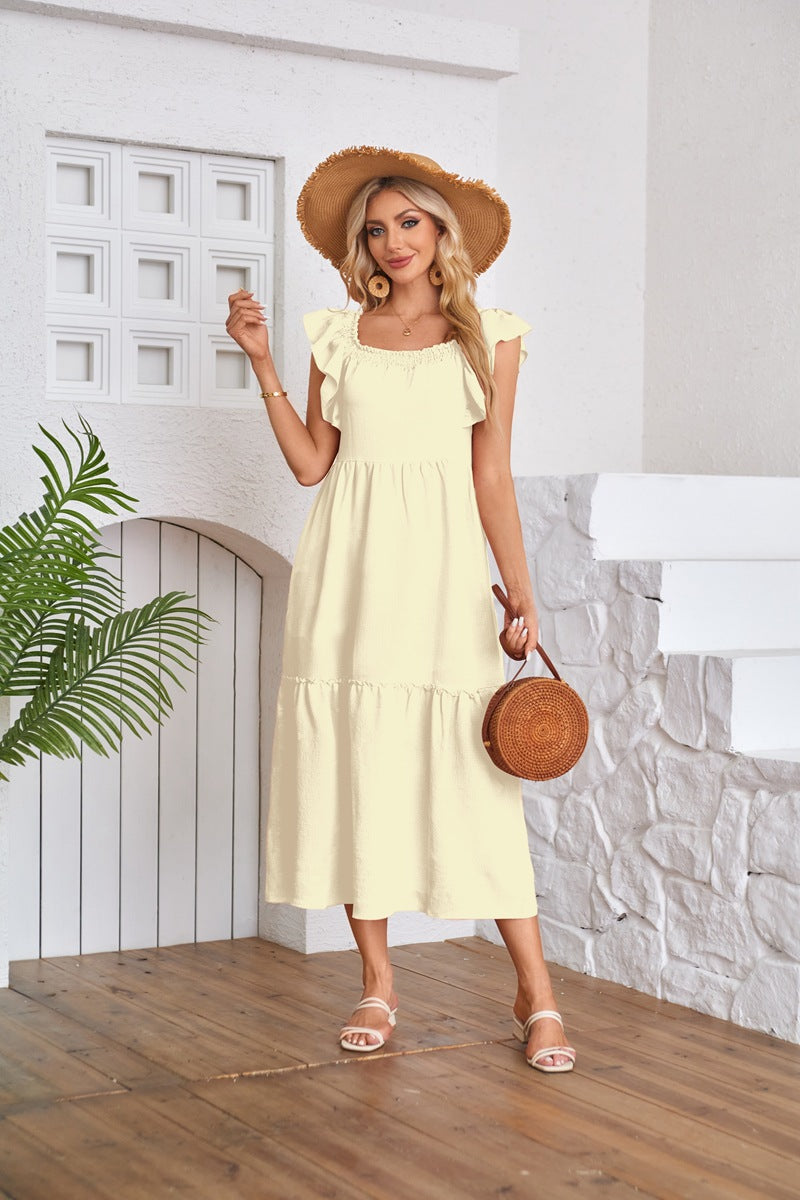 maoxiangshop Women's Clothing Flying Sleeve Square Neck Off-shoulder Pleated Hem Dress