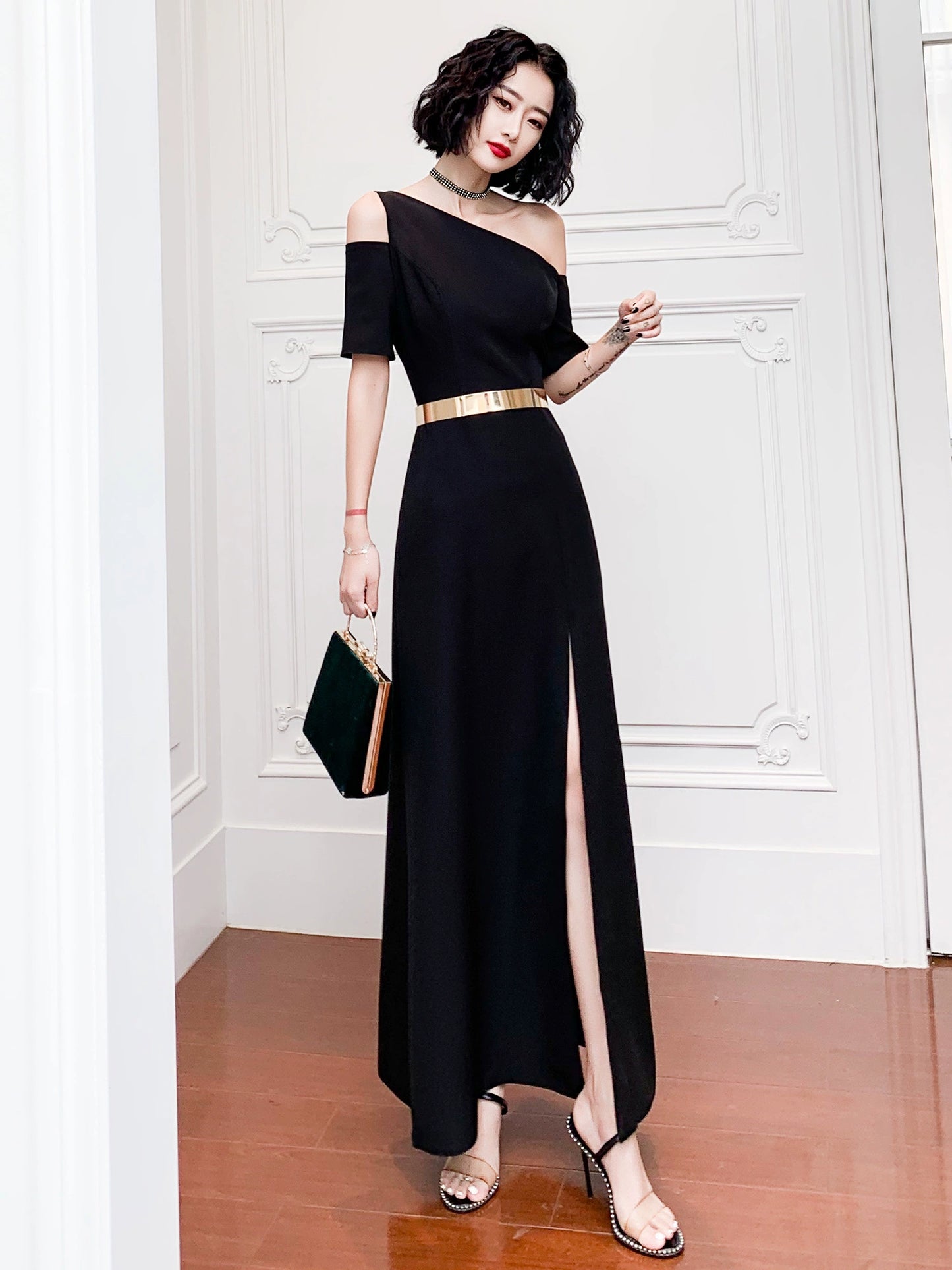 Black one-shoulder evening dress dress women can usually wear banquet temperament long noble aura queen birthday dress