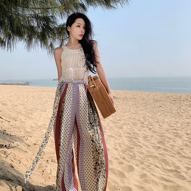 2025 Ethnic style wide-leg pants women's high-waisted drape culottes exotic style summer thin pants island vacation mopping pants trousers