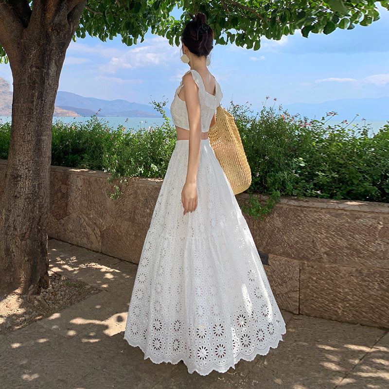 Holiday style white embroidery hollow lace suit skirt summer temperament small vest half-length skirt two-piece set