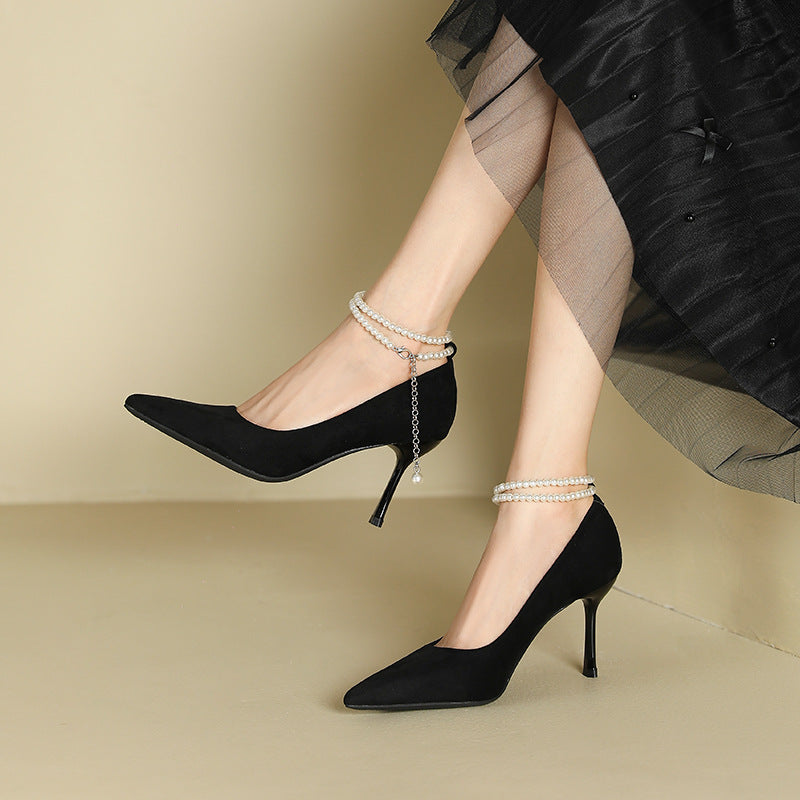 2025 811-B2 one-word pearl suede single shoes women's pointed head stiletto high heels sexy bride bridesmaid Xiuhe wedding shoes