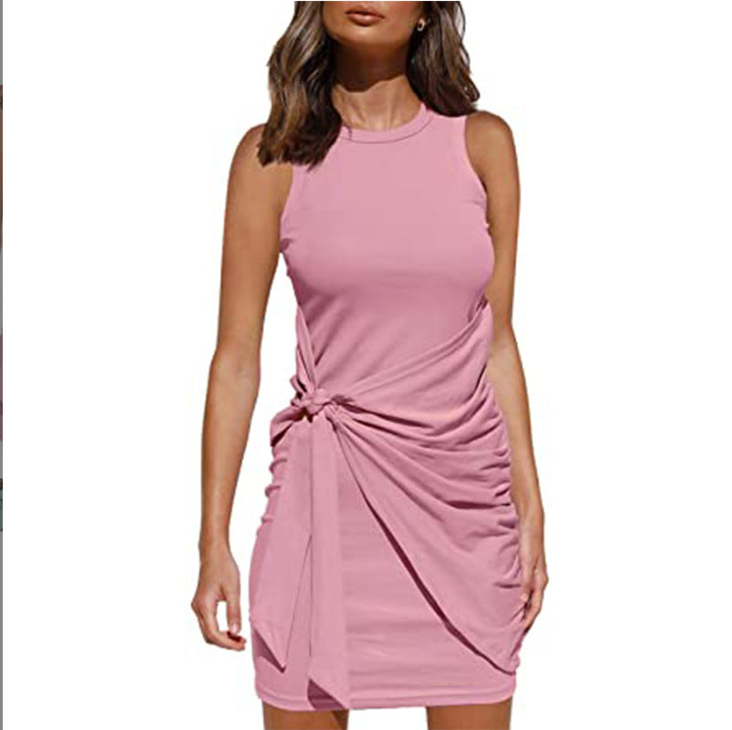 Women's Clothing Amazon Hot-selling Sleeveless Round Neck Bow Irregular Belt Dress