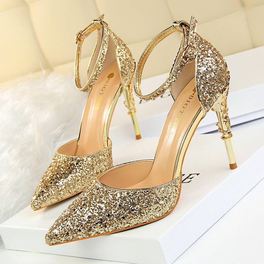 283-A5 2025 sexy hollow women's shoes metal decorative high heel shallow mouth pointed sequins word with hollow sandals