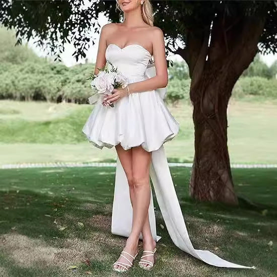 maoxiangshop pop culture dress to impress Tube Top Light Wedding Dress 2024 Autumn New Bridal White Simple Temperament Outdoor Yarn Banquet Short Evening Dress