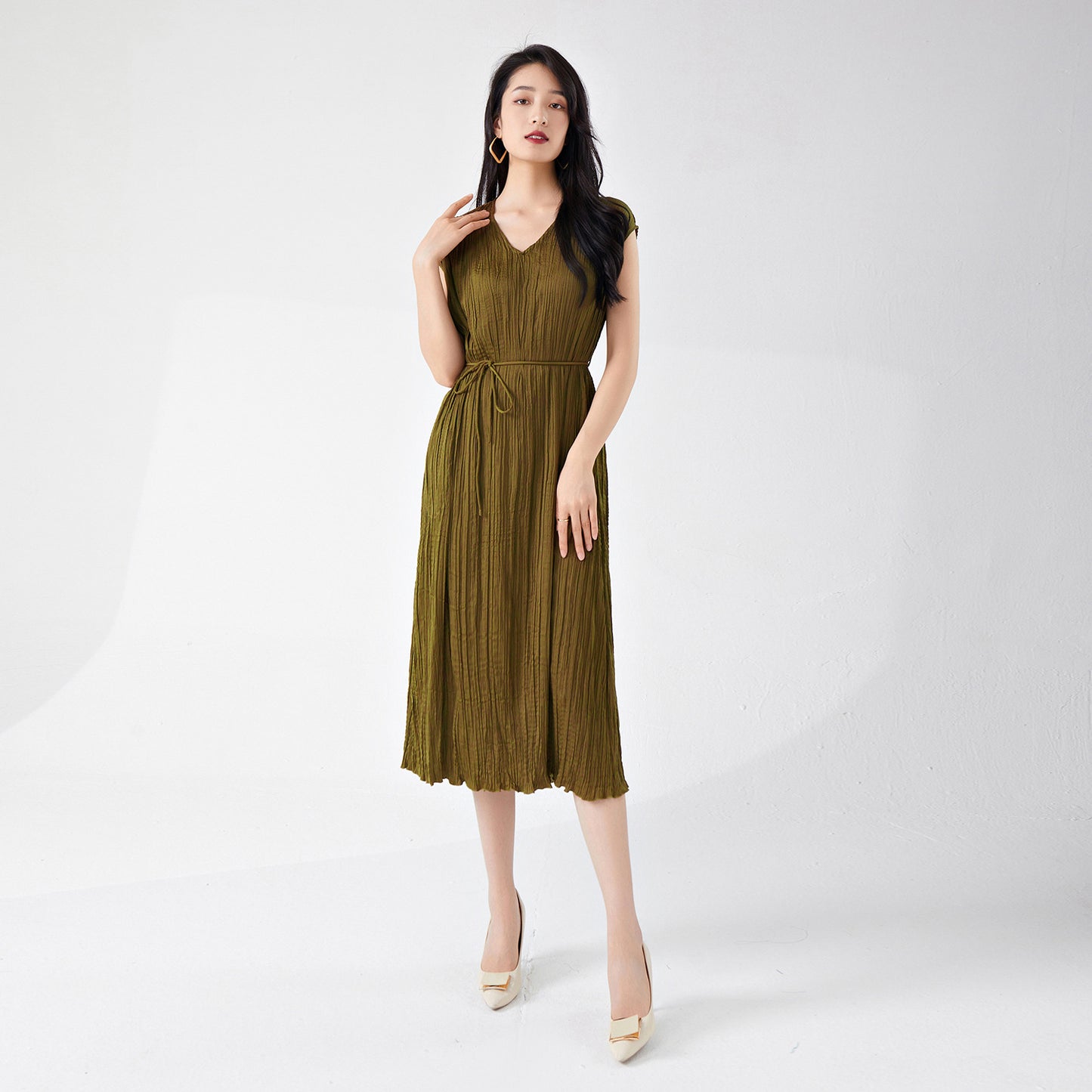 Women's clothing summer high-end wear loose large size lace-up and thin v-neck sleeveless a-word medium and long dress