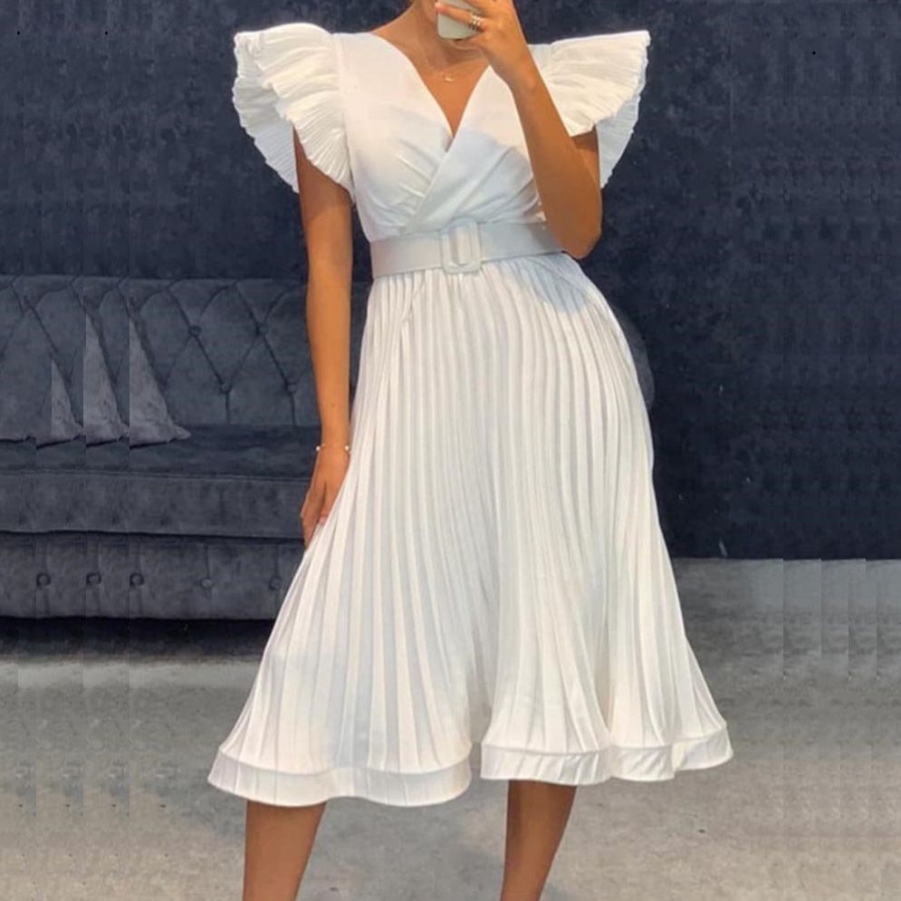2025 D215 free belt 2025 new summer V-neck waist pleated temperament commuting Popular trade large size New dress