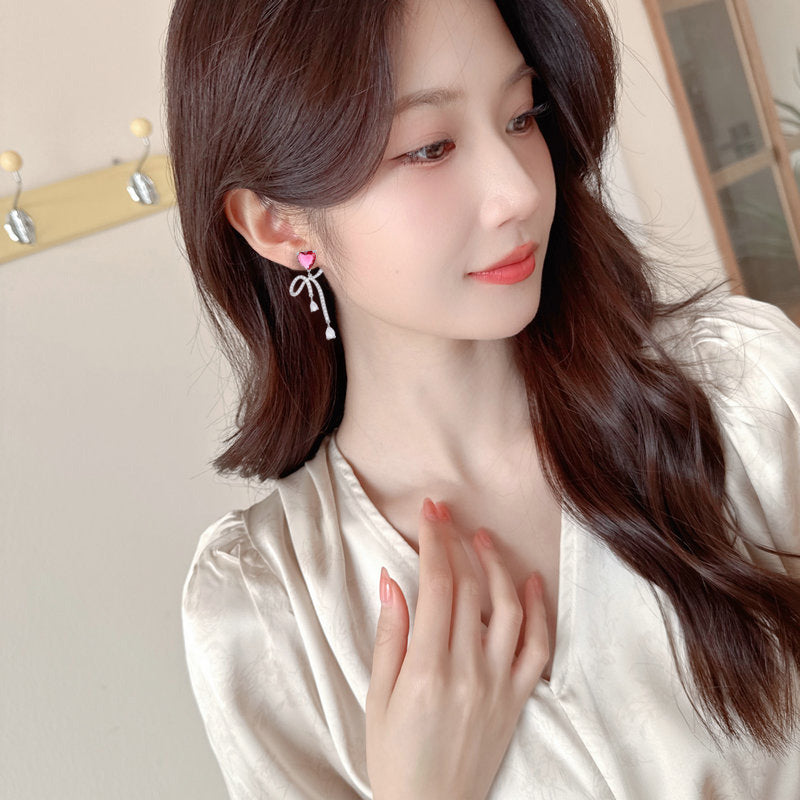 2025 Light luxury super fairy sweet love bow temperament earrings s925 silver needle micro-inlaid zircon fashion high-end earrings